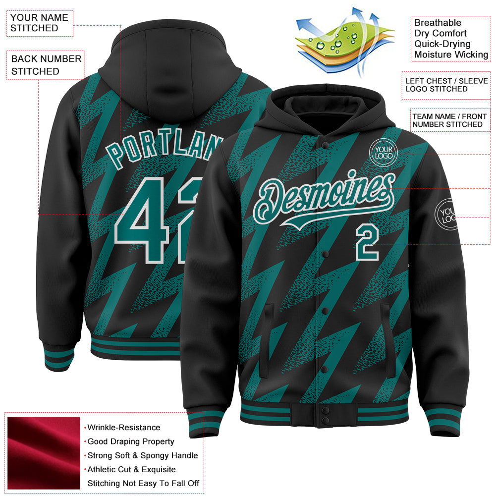 Custom Black Teal-White Zigzag Shape 3D Pattern Design Bomber Full-Snap Varsity Letterman Hoodie Jacket view 4