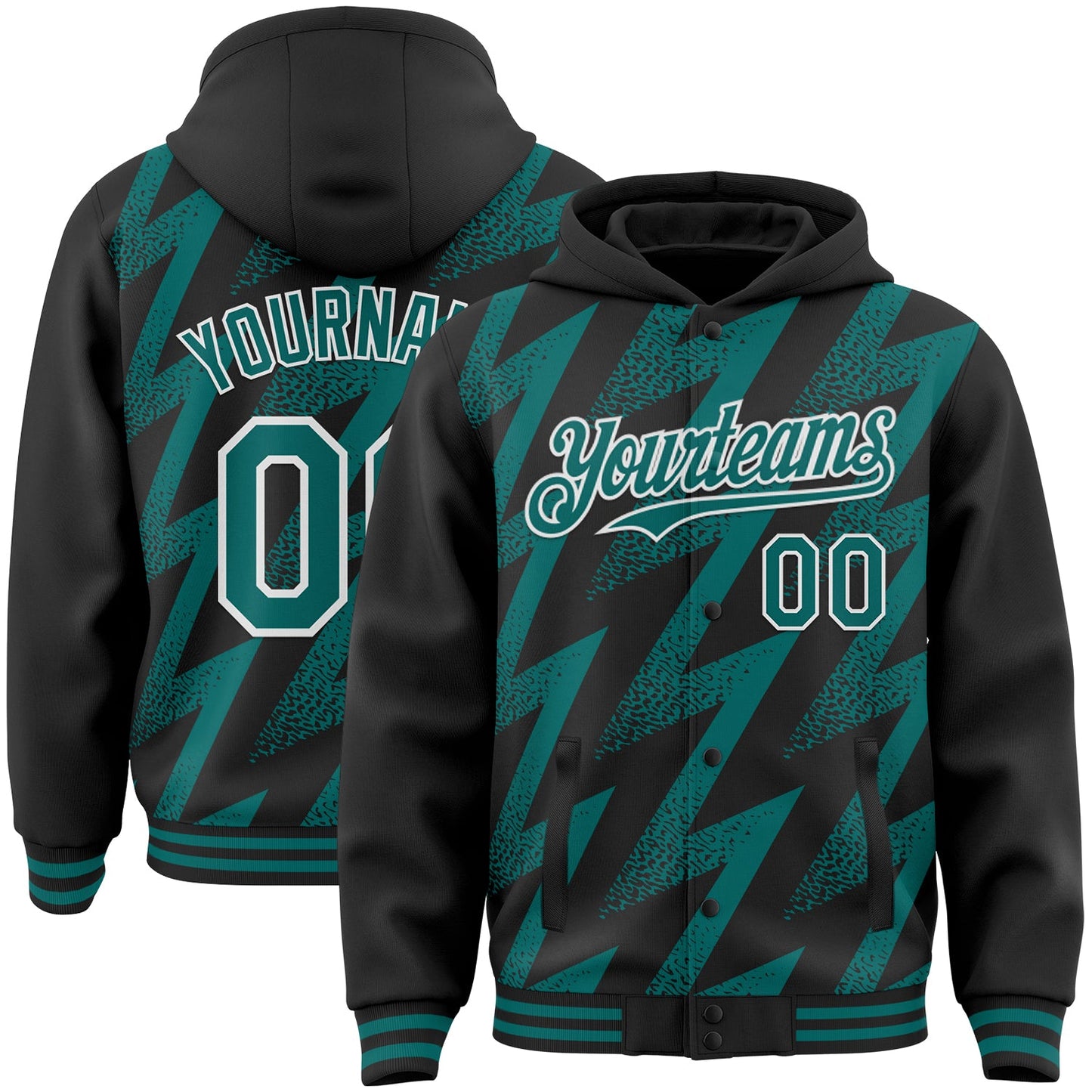 Custom Black Teal-White Zigzag Shape 3D Pattern Design Bomber Full-Snap Varsity Letterman Hoodie Jacket - Main View