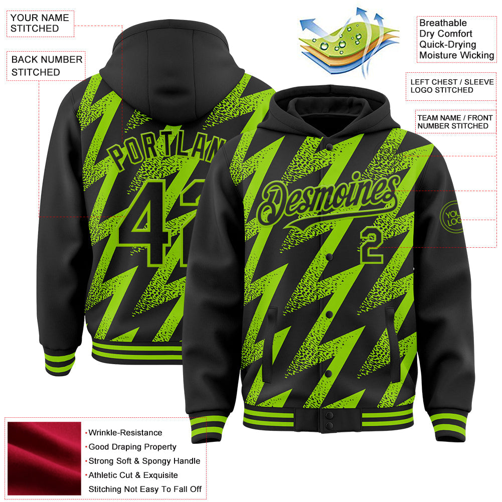 Custom Black Neon Green Zigzag Shape 3D Pattern Design Bomber Full-Snap Varsity Letterman Hoodie Jacket view 4