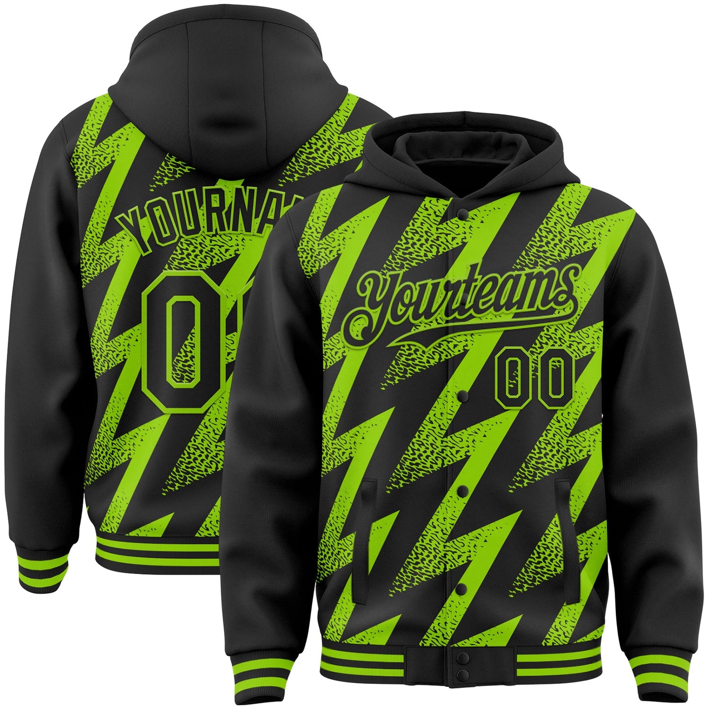 Custom Black Neon Green Zigzag Shape 3D Pattern Design Bomber Full-Snap Varsity Letterman Hoodie Jacket - Main View