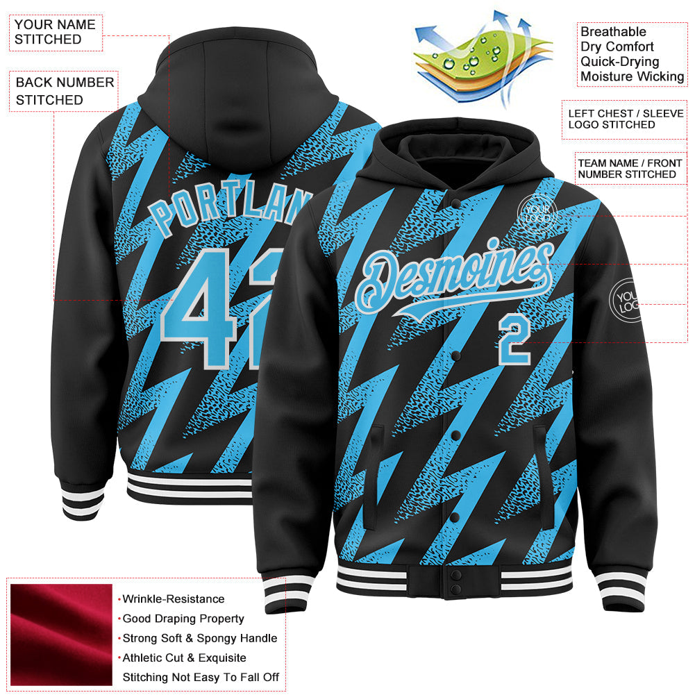 Custom Black Sky Blue-White Zigzag Shape 3D Pattern Design Bomber Full-Snap Varsity Letterman Hoodie Jacket view 4