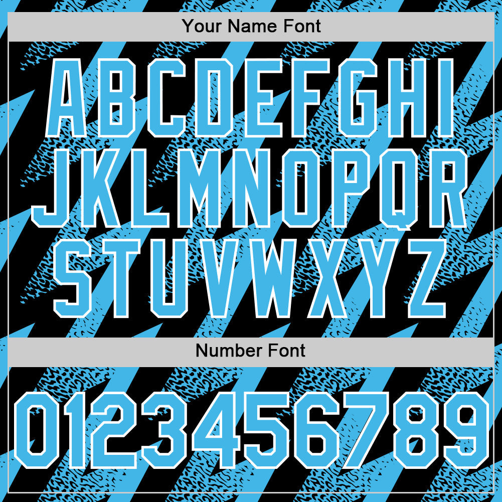 Custom Black Sky Blue-White Zigzag Shape 3D Pattern Design Bomber Full-Snap Varsity Letterman Hoodie Jacket view 6