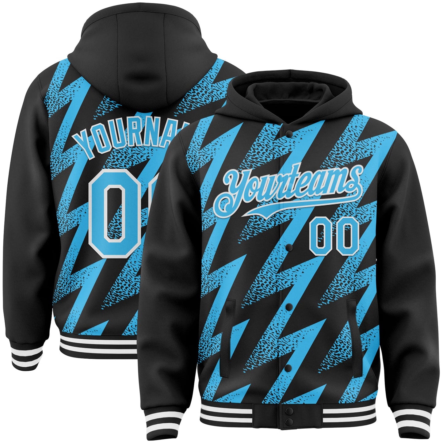 Custom Black Sky Blue-White Zigzag Shape 3D Pattern Design Bomber Full-Snap Varsity Letterman Hoodie Jacket - Main View