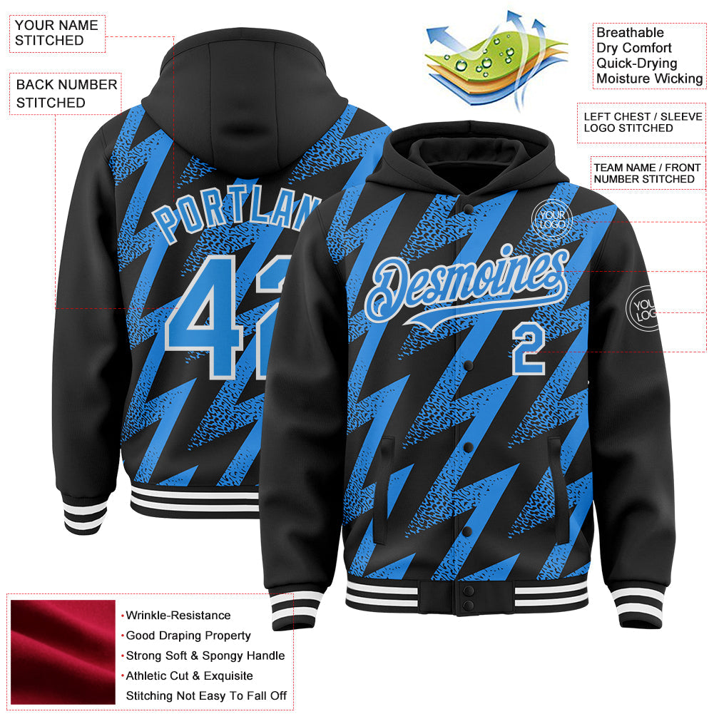 Custom Black Powder Blue-White Zigzag Shape 3D Pattern Design Bomber Full-Snap Varsity Letterman Hoodie Jacket view 4