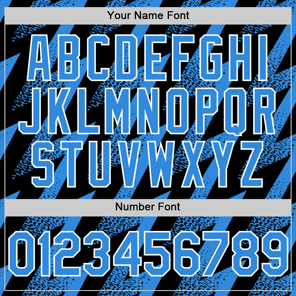 Custom Black Powder Blue-White Zigzag Shape 3D Pattern Design Bomber Full-Snap Varsity Letterman Hoodie Jacket view 6