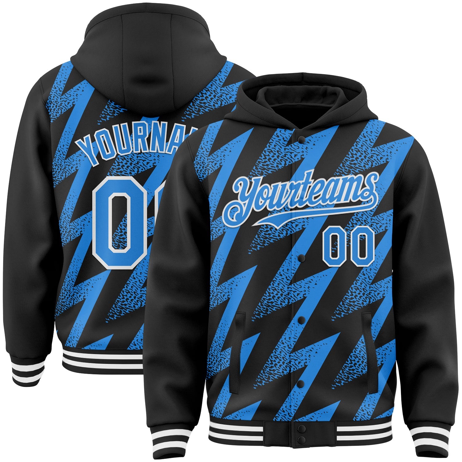Custom Black Powder Blue-White Zigzag Shape 3D Pattern Design Bomber Full-Snap Varsity Letterman Hoodie Jacket - Main View