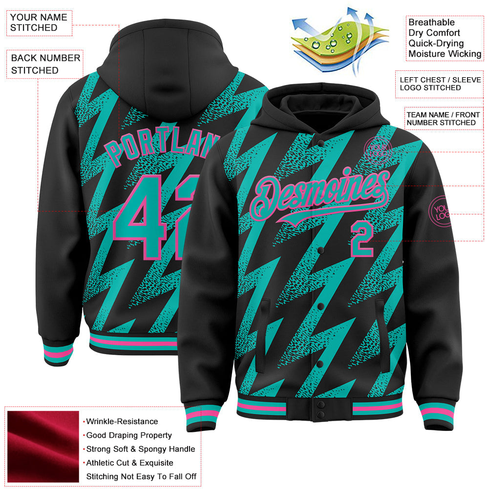 Custom Black Aqua-Pink Zigzag Shape 3D Pattern Design Bomber Full-Snap Varsity Letterman Hoodie Jacket view 4
