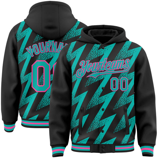 Custom Black Aqua-Pink Zigzag Shape 3D Pattern Design Bomber Full-Snap Varsity Letterman Hoodie Jacket - Main View