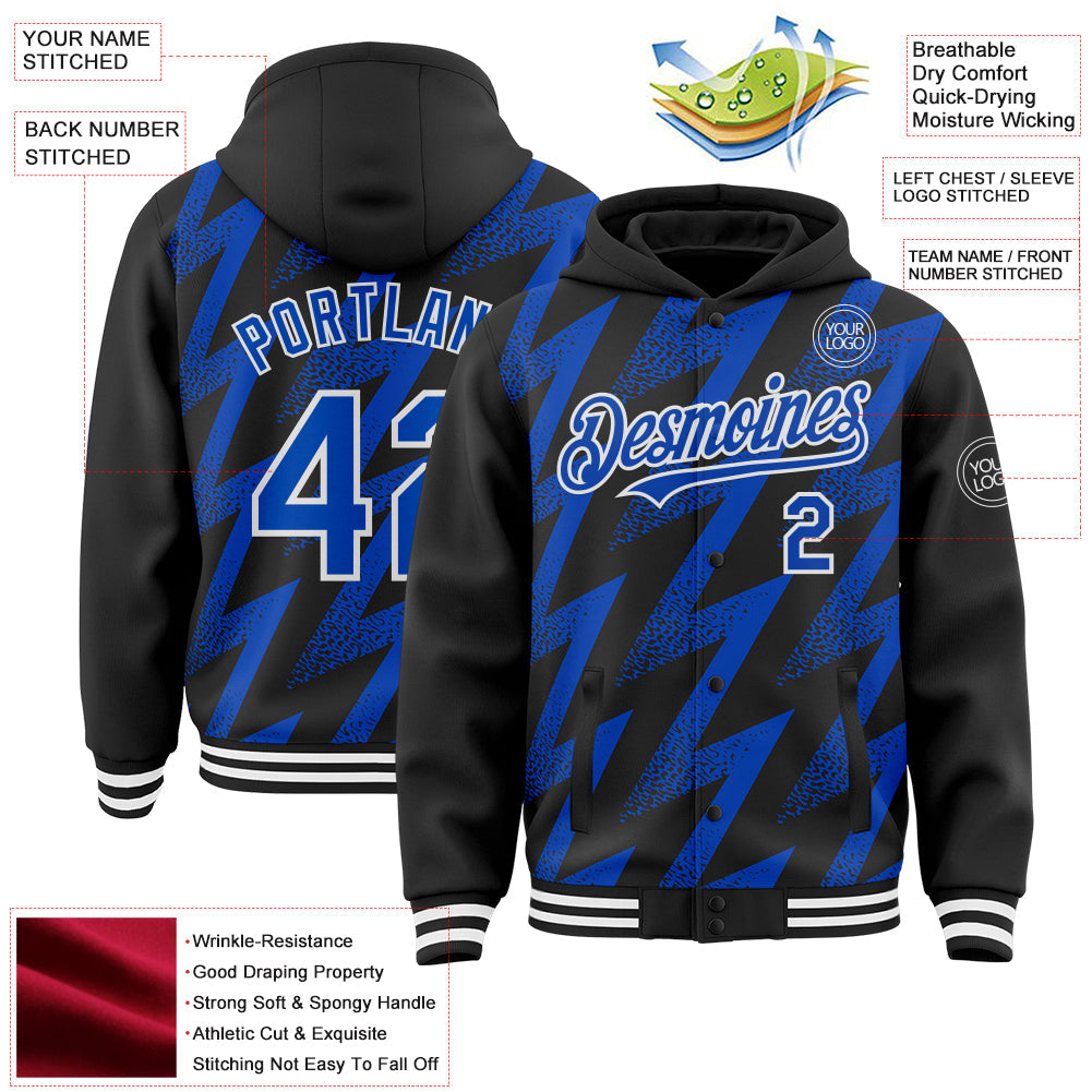 Custom Black Thunder Blue-White Zigzag Shape 3D Pattern Design Bomber Full-Snap Varsity Letterman Hoodie Jacket view 4