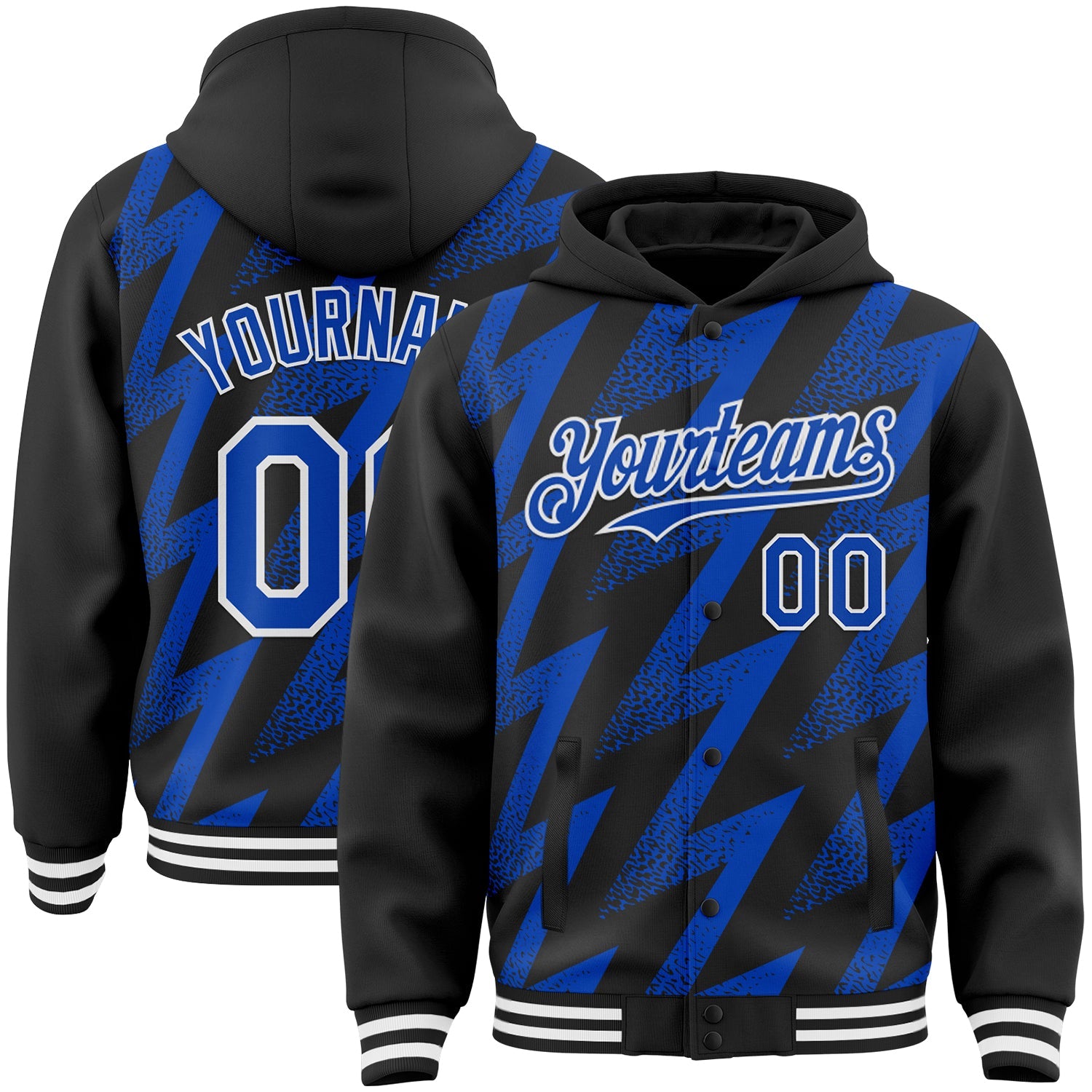 Custom Black Thunder Blue-White Zigzag Shape 3D Pattern Design Bomber Full-Snap Varsity Letterman Hoodie Jacket - Main View