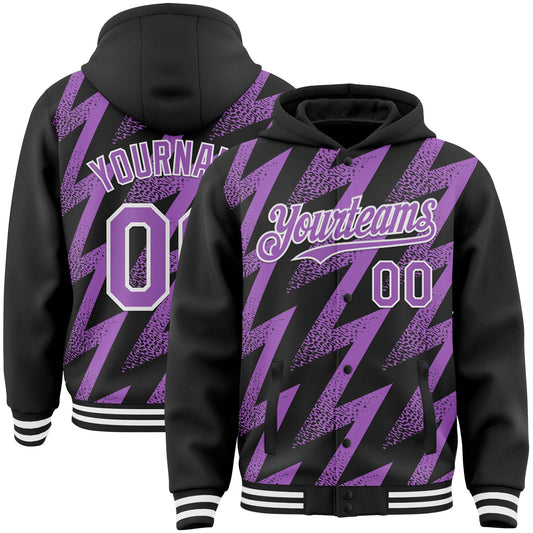 Custom Black Medium Purple-White Zigzag Shape 3D Pattern Design Bomber Full-Snap Varsity Letterman Hoodie Jacket - Main View