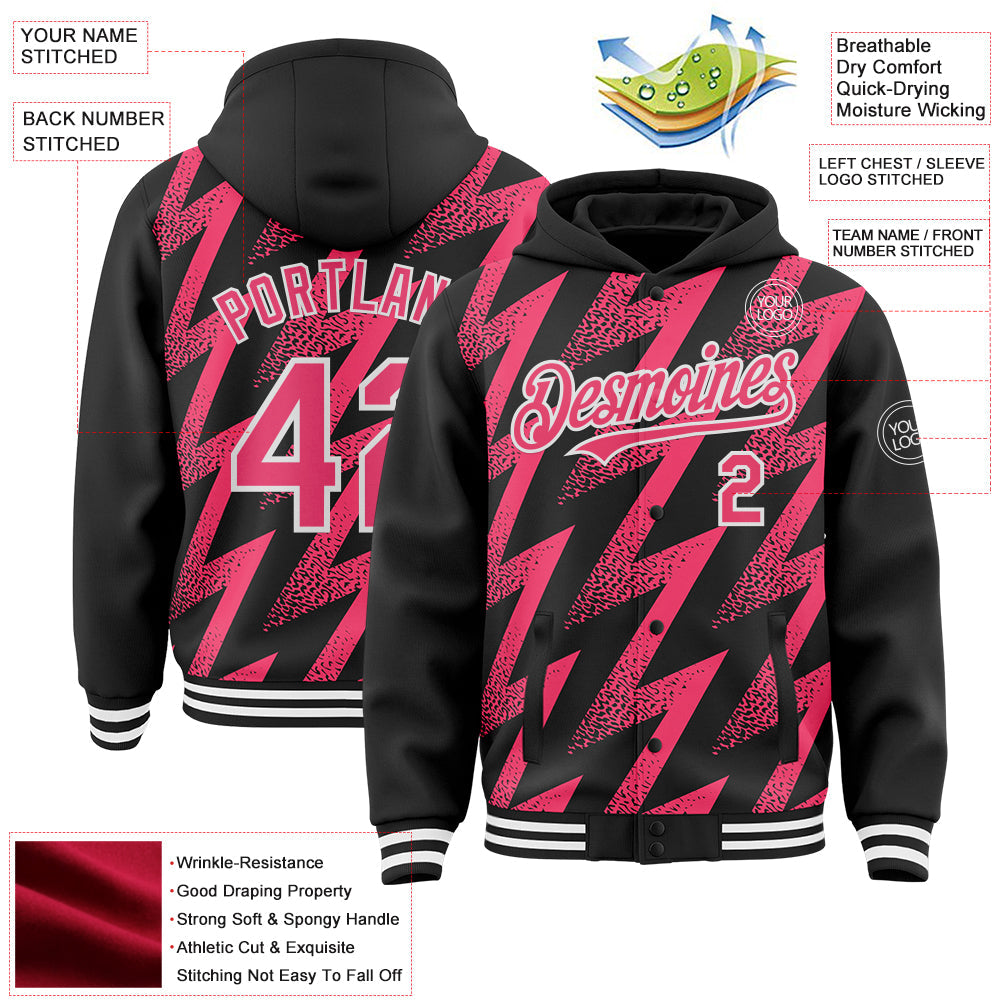 Custom Black Neon Pink-White Zigzag Shape 3D Pattern Design Bomber Full-Snap Varsity Letterman Hoodie Jacket view 4