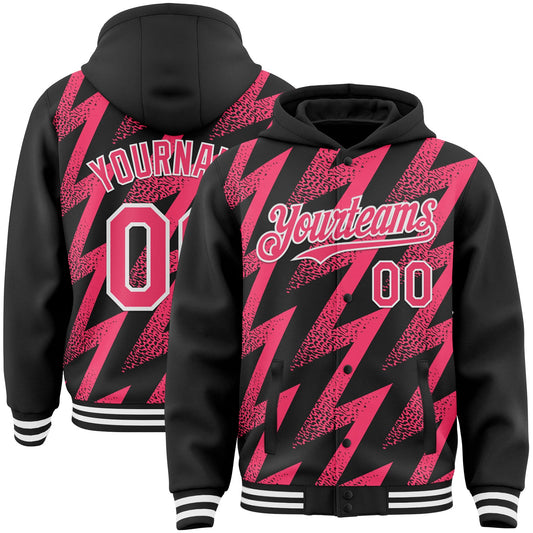 Custom Black Neon Pink-White Zigzag Shape 3D Pattern Design Bomber Full-Snap Varsity Letterman Hoodie Jacket - Main View