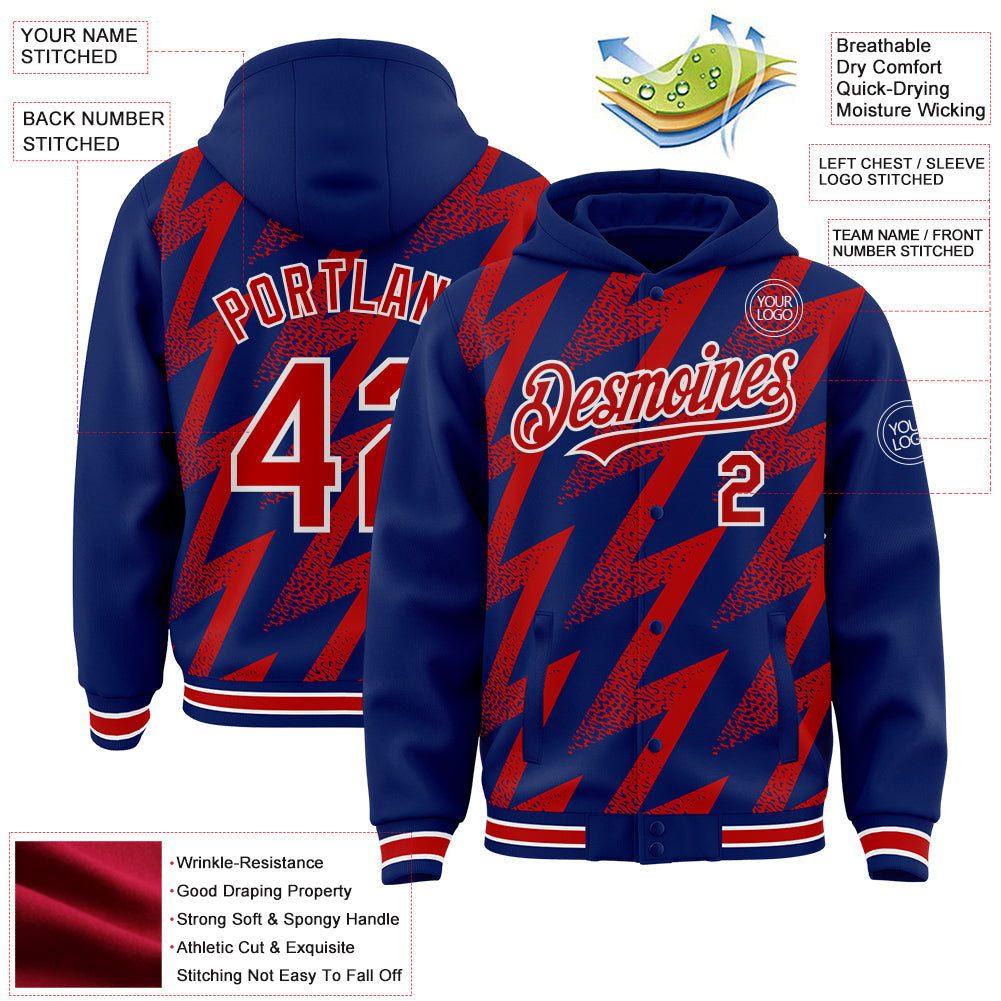 Custom Royal Red-White Zigzag Shape 3D Pattern Design Bomber Full-Snap Varsity Letterman Hoodie Jacket view 4