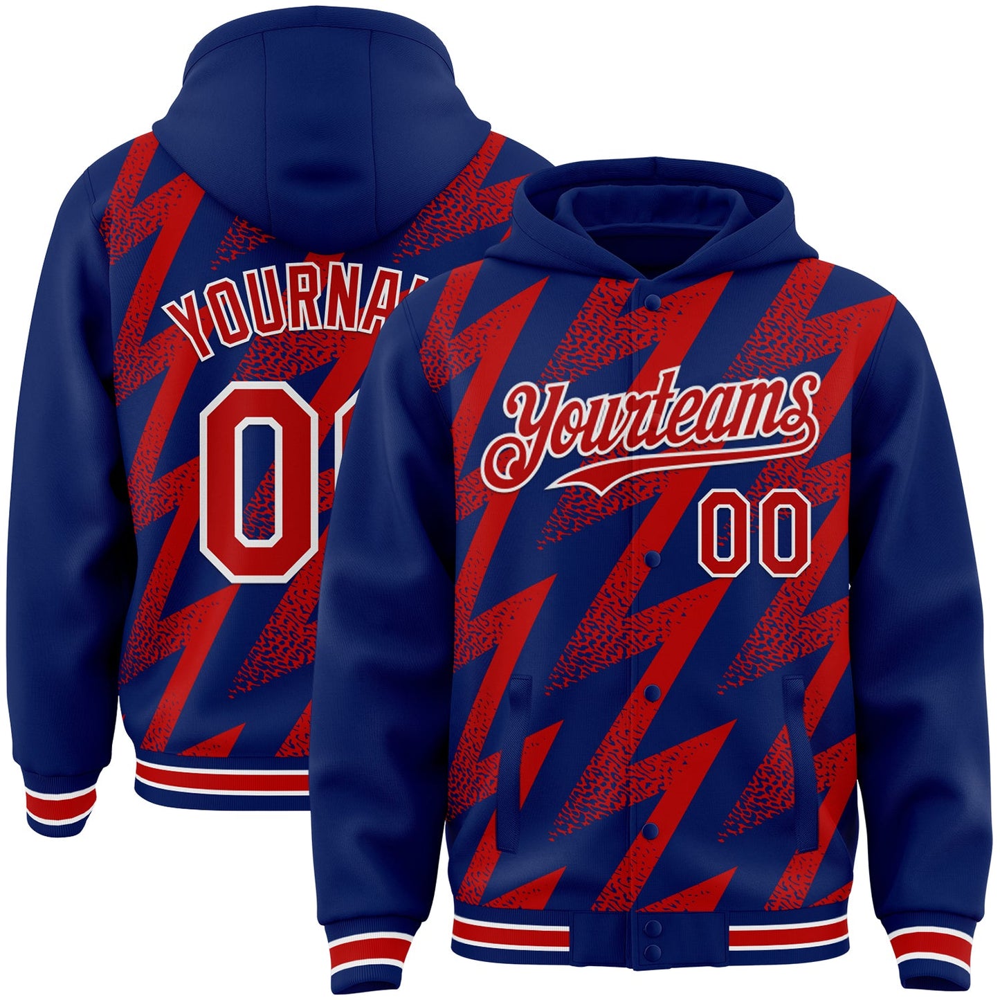 Custom Royal Red-White Zigzag Shape 3D Pattern Design Bomber Full-Snap Varsity Letterman Hoodie Jacket - Main View