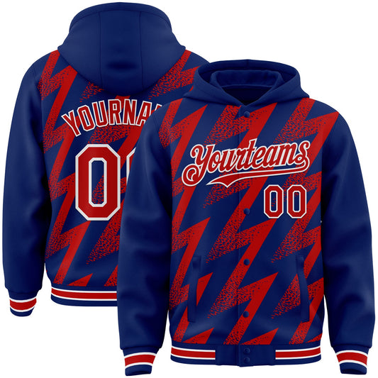Custom Royal Red-White Zigzag Shape 3D Pattern Design Bomber Full-Snap Varsity Letterman Hoodie Jacket - Main View