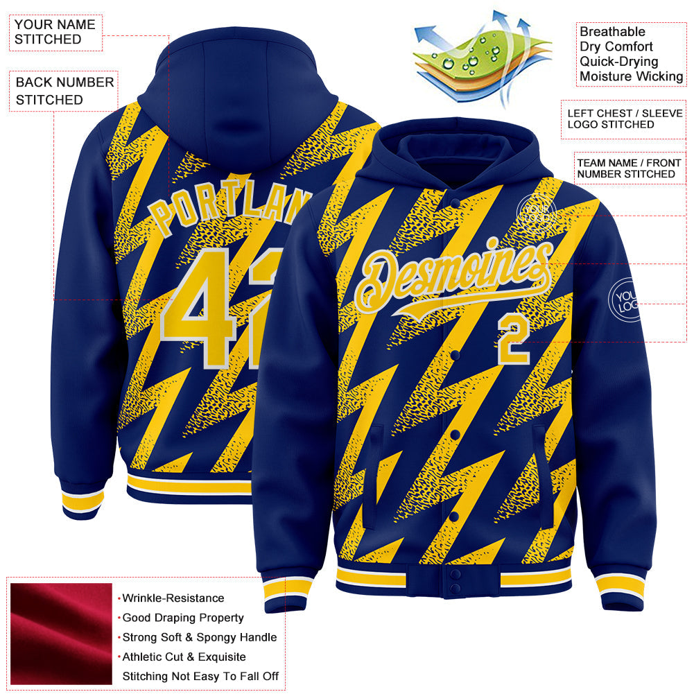 Custom Royal Yellow-White Zigzag Shape 3D Pattern Design Bomber Full-Snap Varsity Letterman Hoodie Jacket view 4