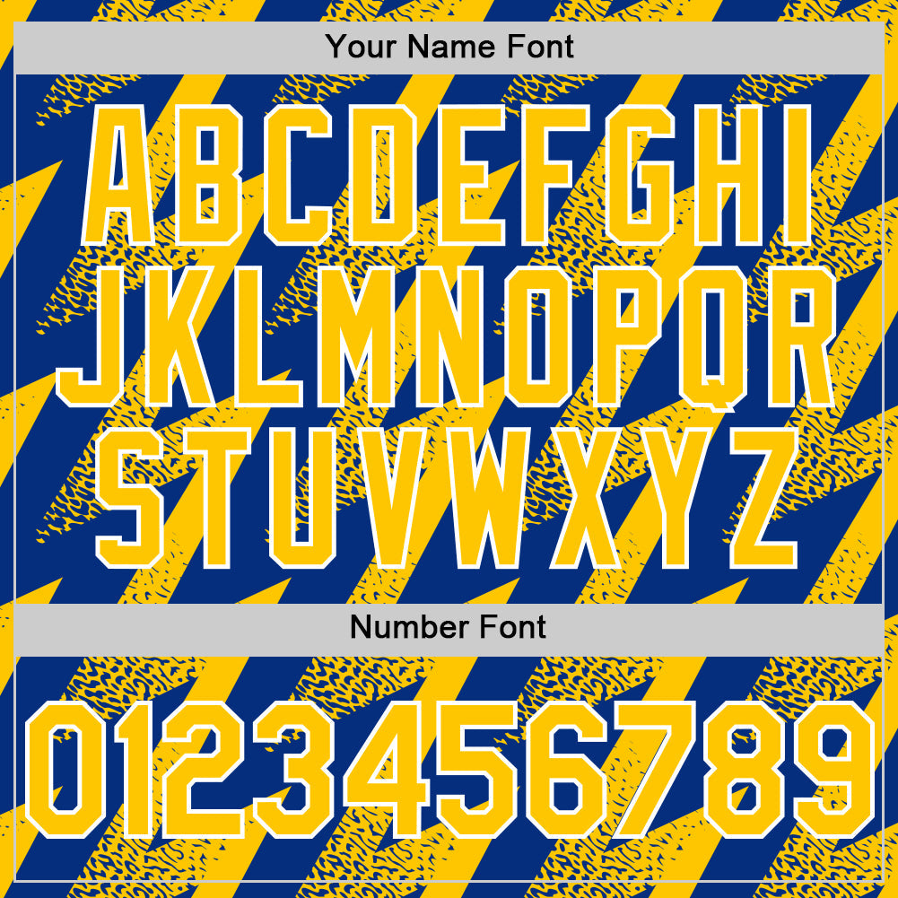 Custom Royal Yellow-White Zigzag Shape 3D Pattern Design Bomber Full-Snap Varsity Letterman Hoodie Jacket view 6