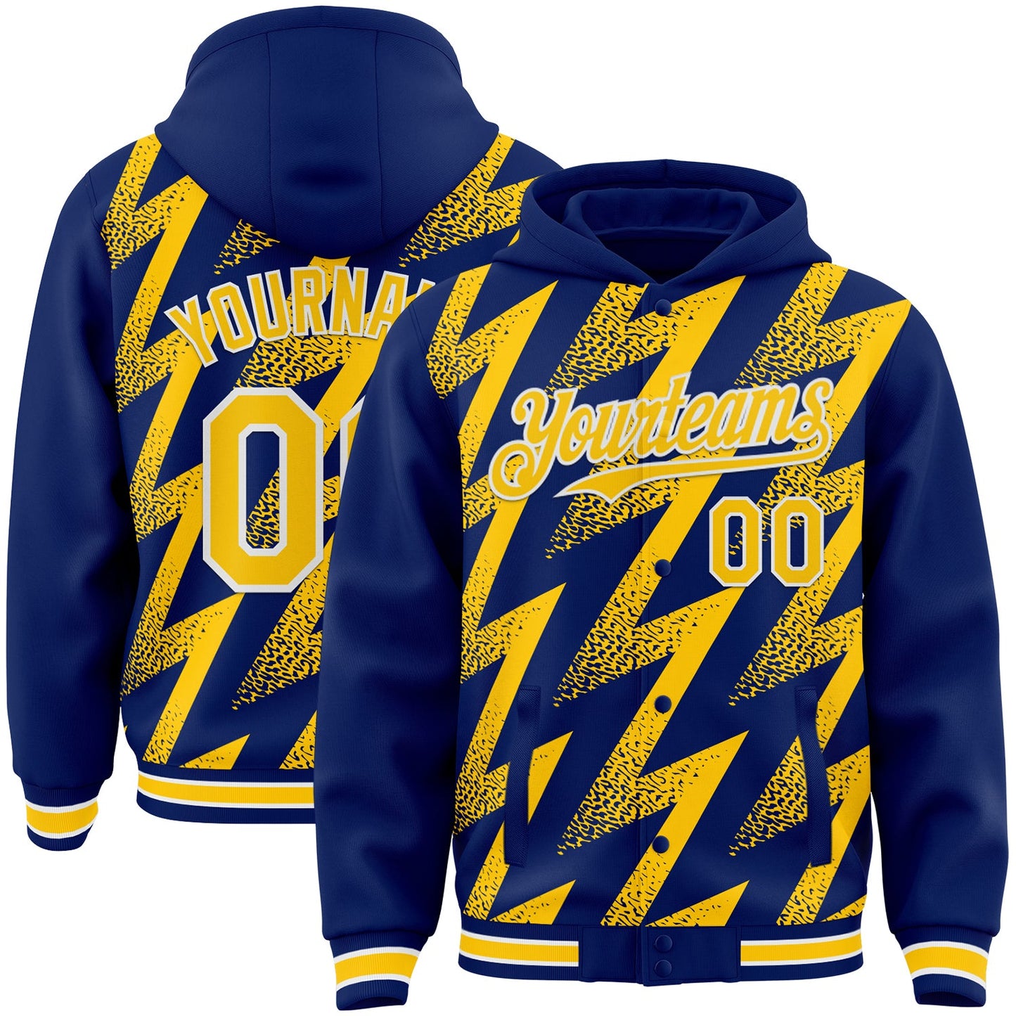 Custom Royal Yellow-White Zigzag Shape 3D Pattern Design Bomber Full-Snap Varsity Letterman Hoodie Jacket - Main View