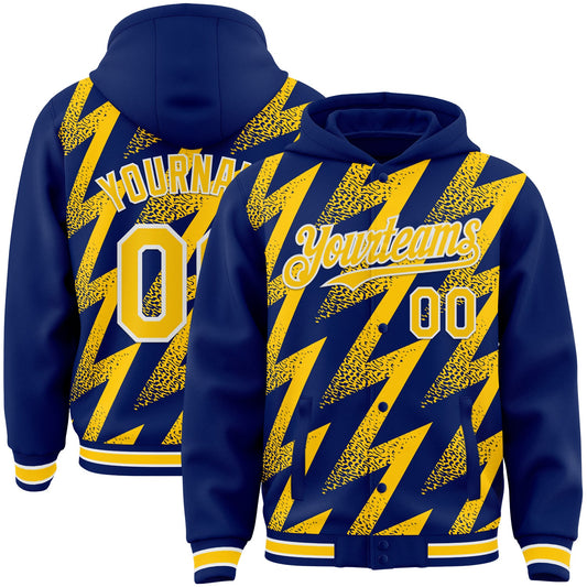 Custom Royal Yellow-White Zigzag Shape 3D Pattern Design Bomber Full-Snap Varsity Letterman Hoodie Jacket - Main View