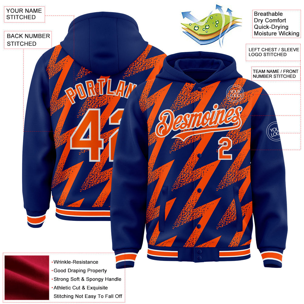 Custom Royal Orange-White Zigzag Shape 3D Pattern Design Bomber Full-Snap Varsity Letterman Hoodie Jacket view 4