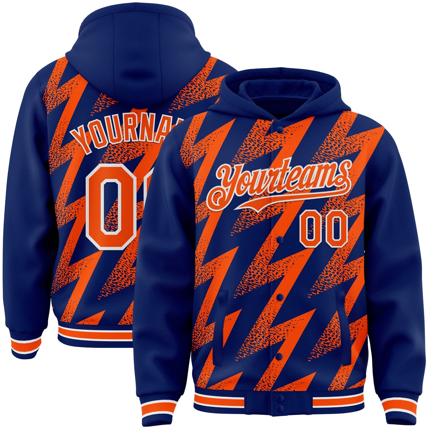 Custom Royal Orange-White Zigzag Shape 3D Pattern Design Bomber Full-Snap Varsity Letterman Hoodie Jacket - Main View