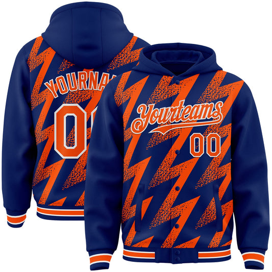 Custom Royal Orange-White Zigzag Shape 3D Pattern Design Bomber Full-Snap Varsity Letterman Hoodie Jacket - Main View