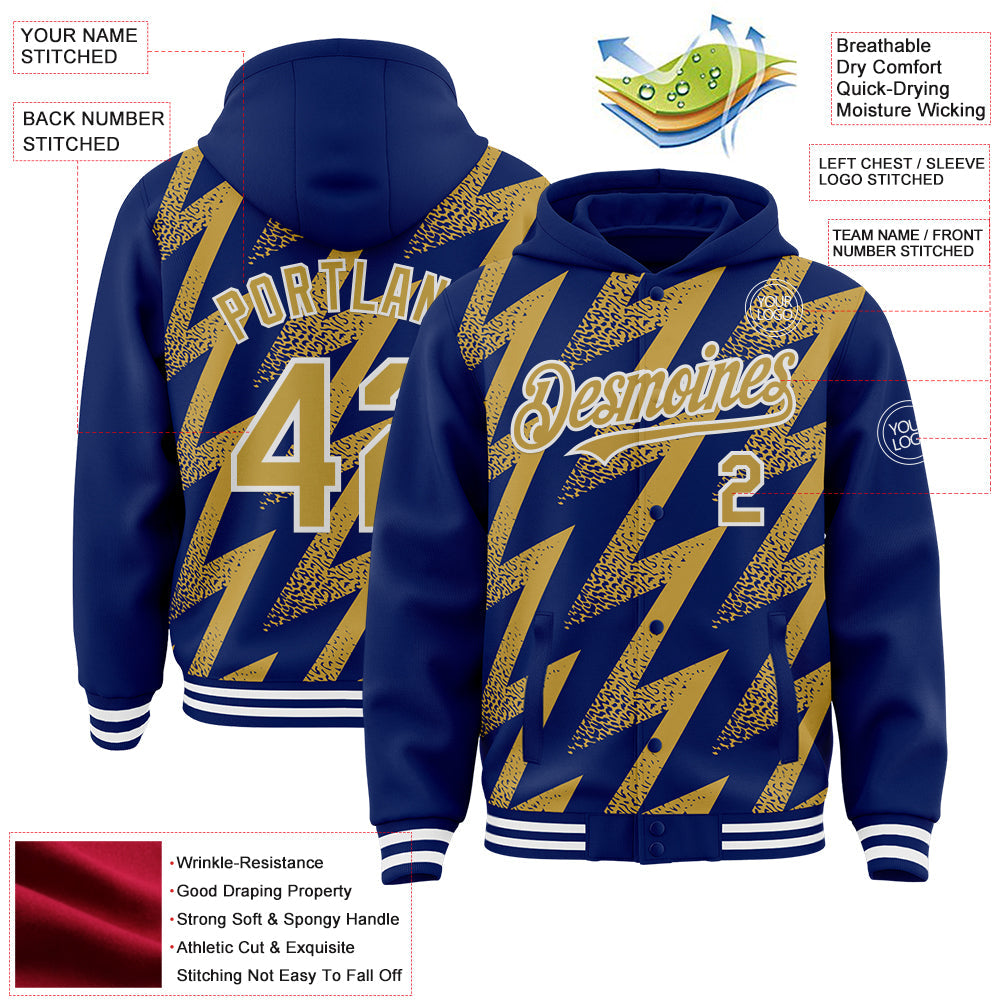 Custom Royal Old Gold-White Zigzag Shape 3D Pattern Design Bomber Full-Snap Varsity Letterman Hoodie Jacket view 4