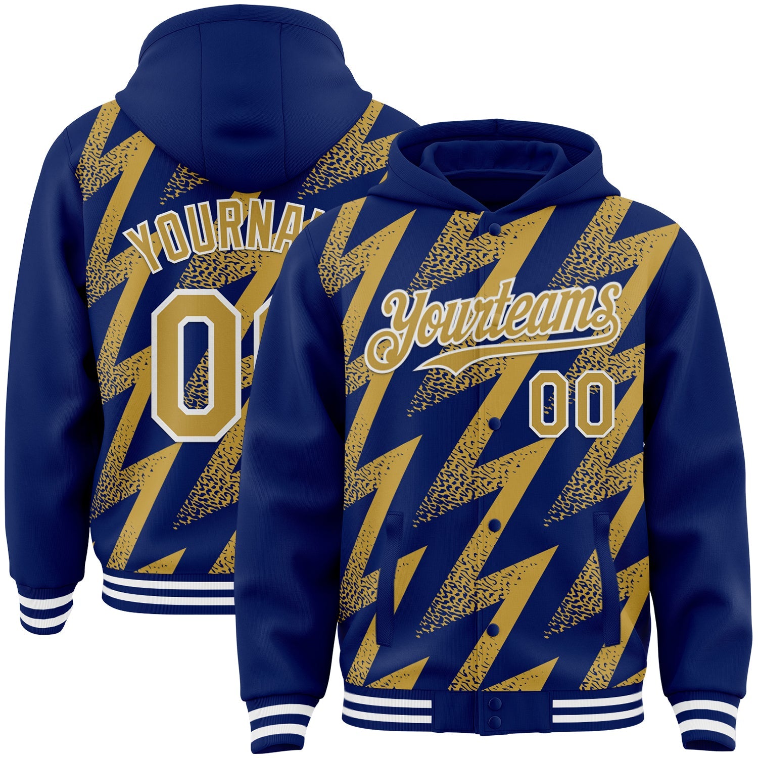 Custom Royal Old Gold-White Zigzag Shape 3D Pattern Design Bomber Full-Snap Varsity Letterman Hoodie Jacket - Main View