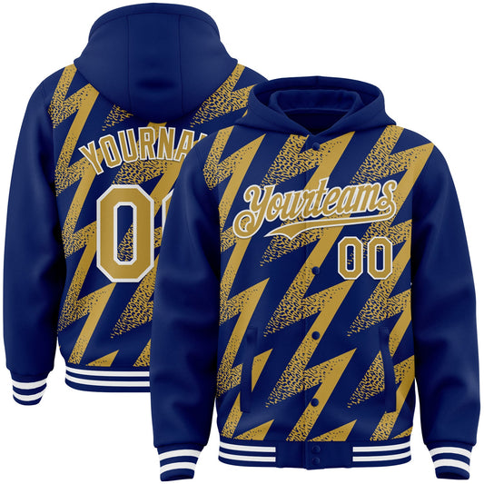 Custom Royal Old Gold-White Zigzag Shape 3D Pattern Design Bomber Full-Snap Varsity Letterman Hoodie Jacket - Main View
