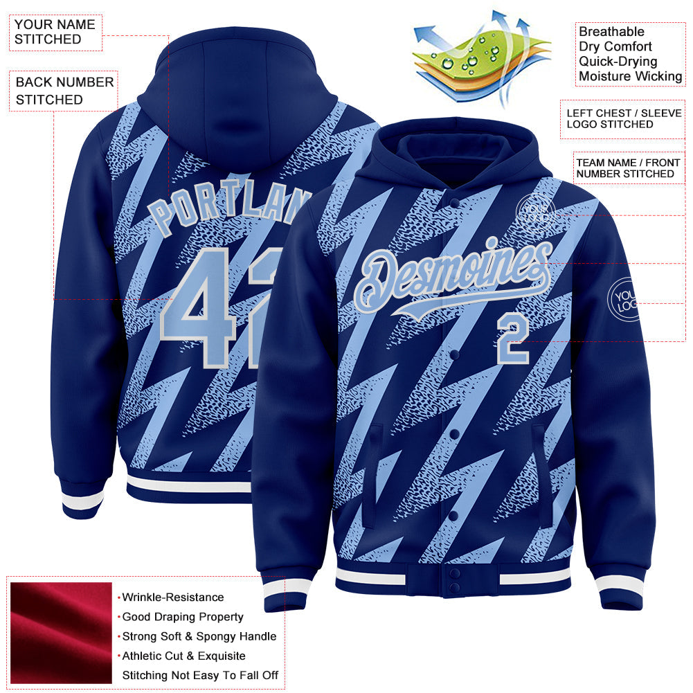 Custom Royal Light Blue-White Zigzag Shape 3D Pattern Design Bomber Full-Snap Varsity Letterman Hoodie Jacket view 4