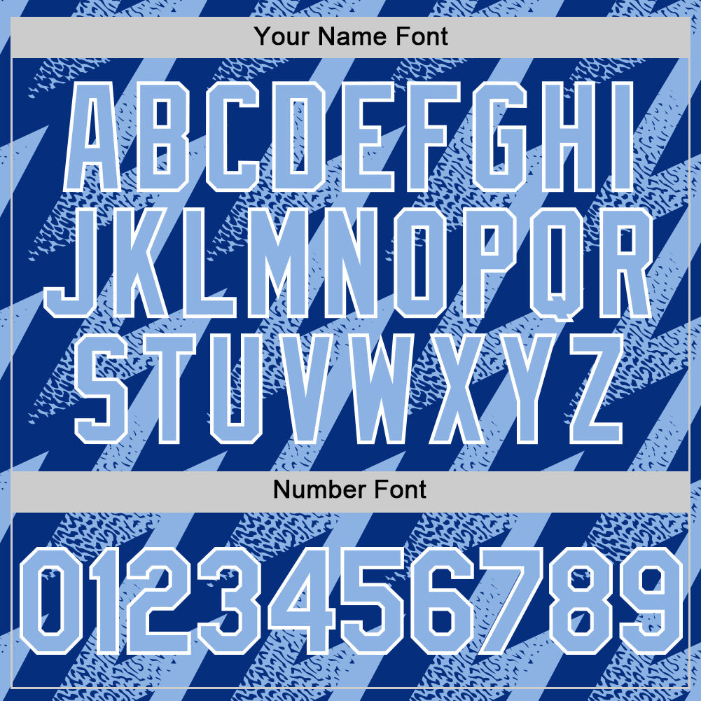 Custom Royal Light Blue-White Zigzag Shape 3D Pattern Design Bomber Full-Snap Varsity Letterman Hoodie Jacket view 6