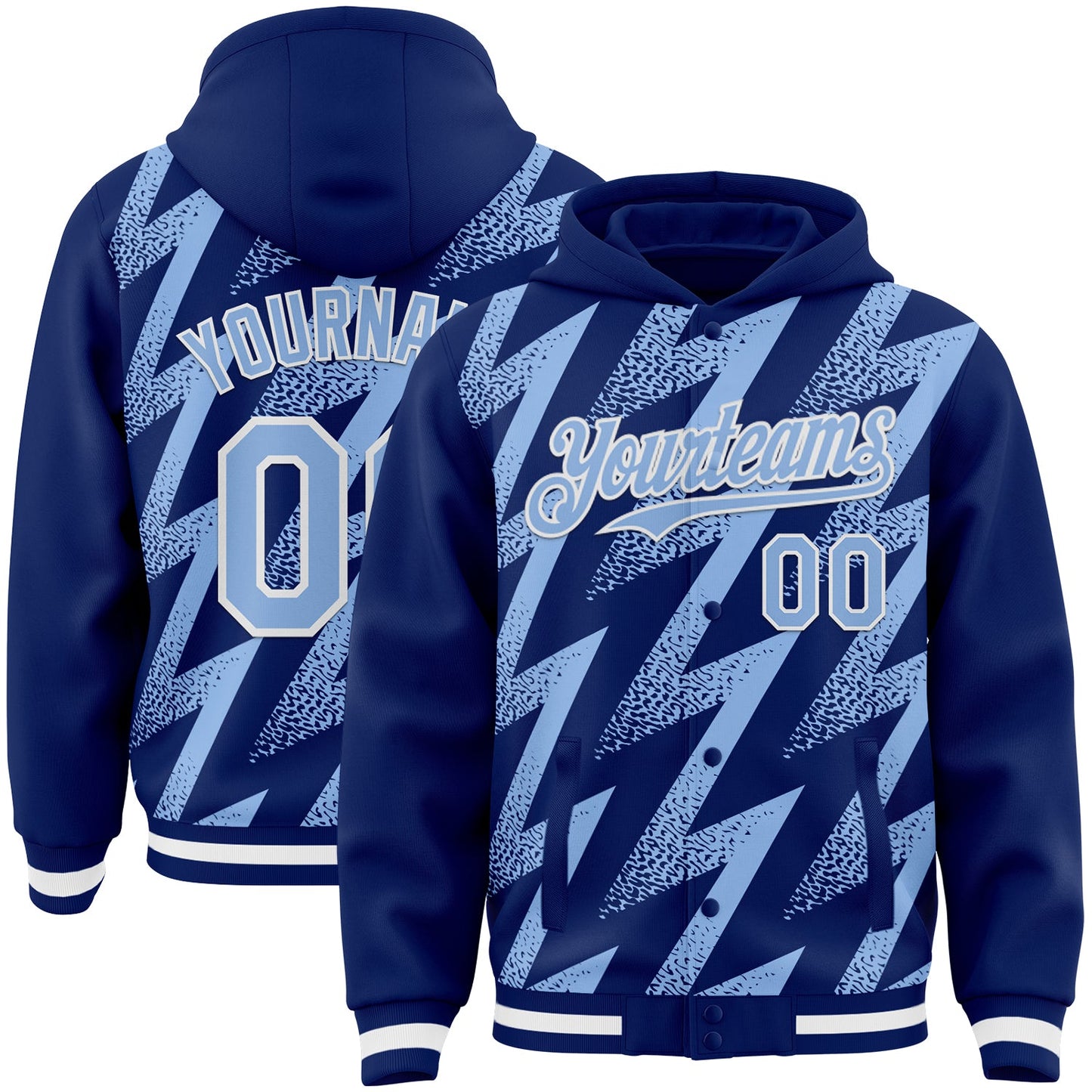Custom Royal Light Blue-White Zigzag Shape 3D Pattern Design Bomber Full-Snap Varsity Letterman Hoodie Jacket - Main View