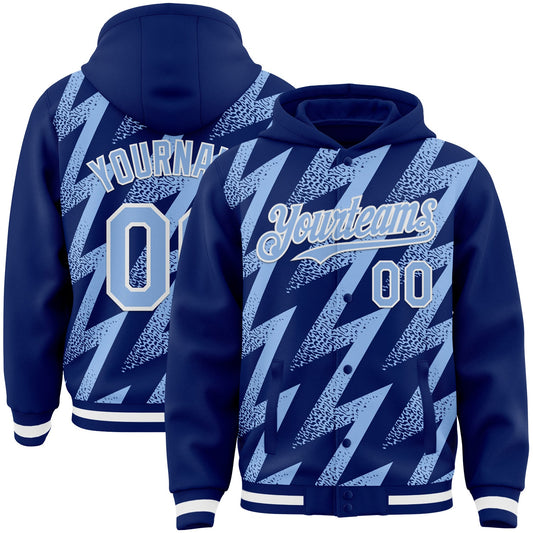 Custom Royal Light Blue-White Zigzag Shape 3D Pattern Design Bomber Full-Snap Varsity Letterman Hoodie Jacket - Main View