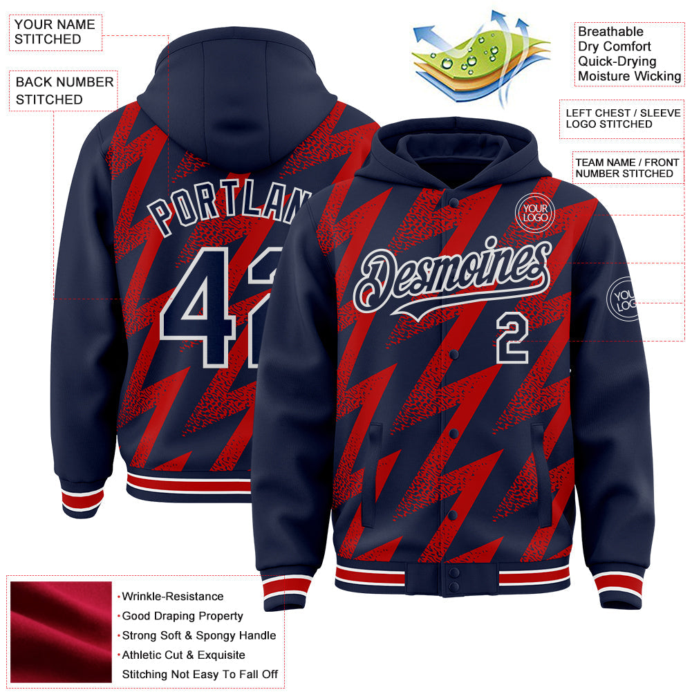 Custom Navy Red-White Zigzag Shape 3D Pattern Design Bomber Full-Snap Varsity Letterman Hoodie Jacket view 4