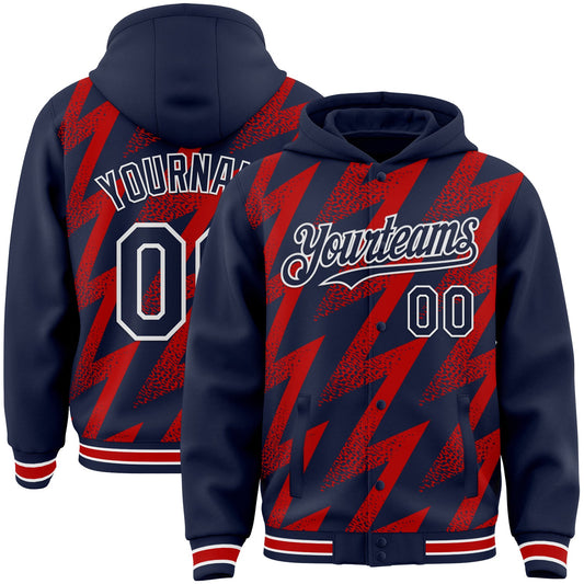 Custom Navy Red-White Zigzag Shape 3D Pattern Design Bomber Full-Snap Varsity Letterman Hoodie Jacket - Main View