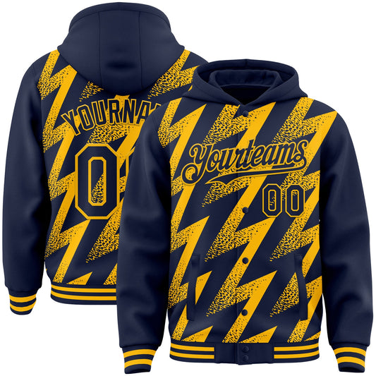Custom Navy Gold Zigzag Shape 3D Pattern Design Bomber Full-Snap Varsity Letterman Hoodie Jacket - Main View