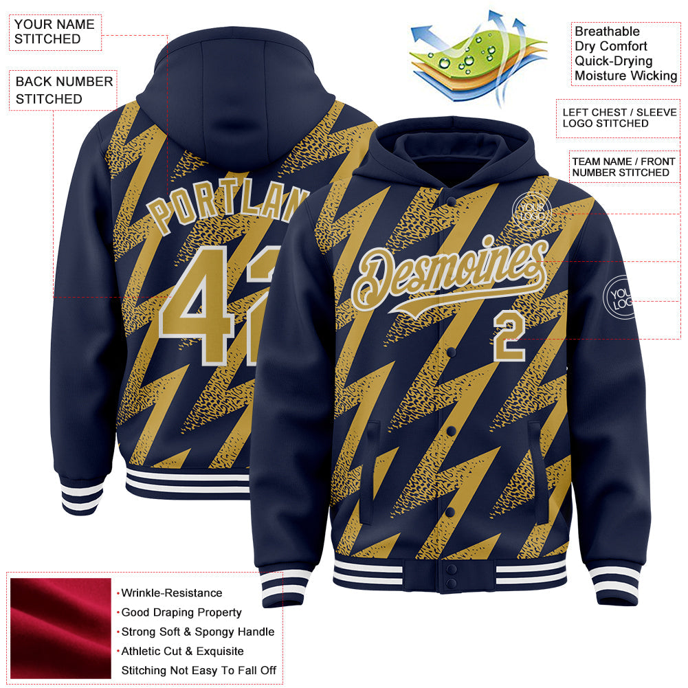 Custom Navy Old Gold-White Zigzag Shape 3D Pattern Design Bomber Full-Snap Varsity Letterman Hoodie Jacket view 4
