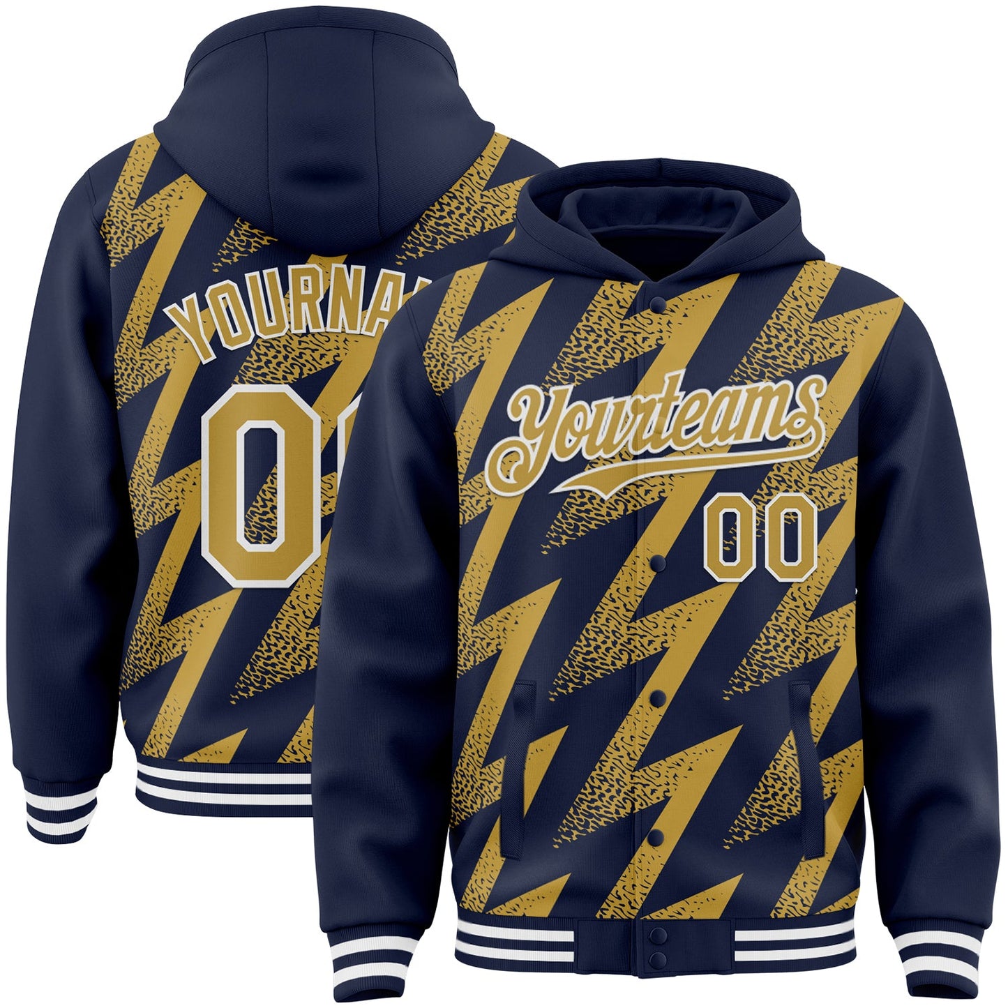 Custom Navy Old Gold-White Zigzag Shape 3D Pattern Design Bomber Full-Snap Varsity Letterman Hoodie Jacket - Main View