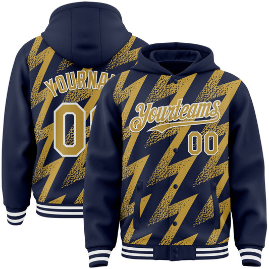 Custom Navy Old Gold-White Zigzag Shape 3D Pattern Design Bomber Full-Snap Varsity Letterman Hoodie Jacket - Main View