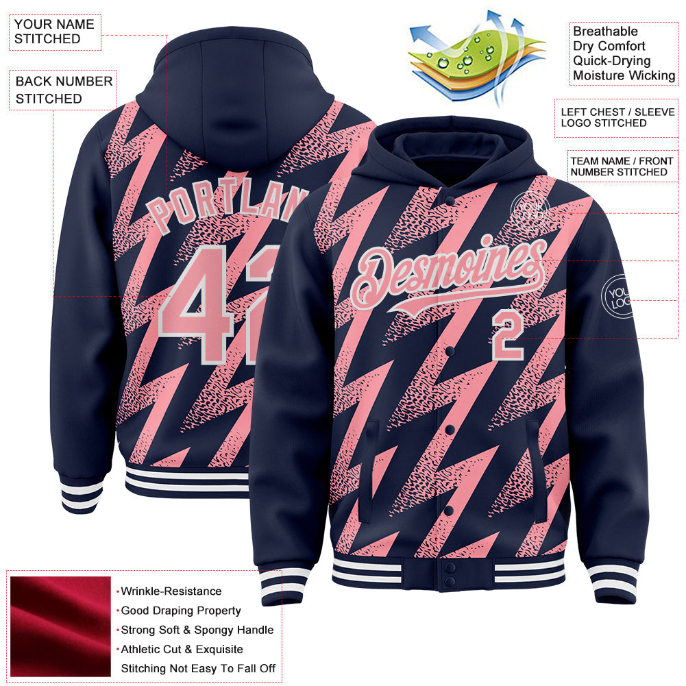 Custom Navy Medium Pink-White Zigzag Shape 3D Pattern Design Bomber Full-Snap Varsity Letterman Hoodie Jacket view 4