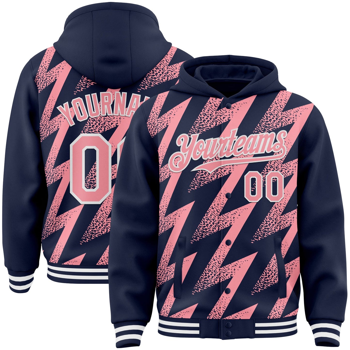 Custom Navy Medium Pink-White Zigzag Shape 3D Pattern Design Bomber Full-Snap Varsity Letterman Hoodie Jacket - Main View