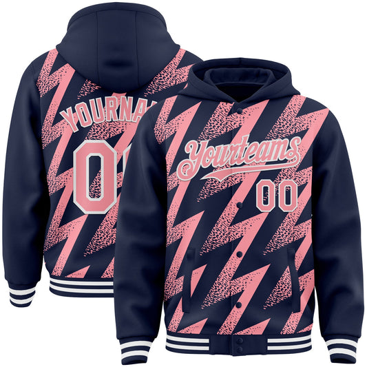 Custom Navy Medium Pink-White Zigzag Shape 3D Pattern Design Bomber Full-Snap Varsity Letterman Hoodie Jacket - Main View