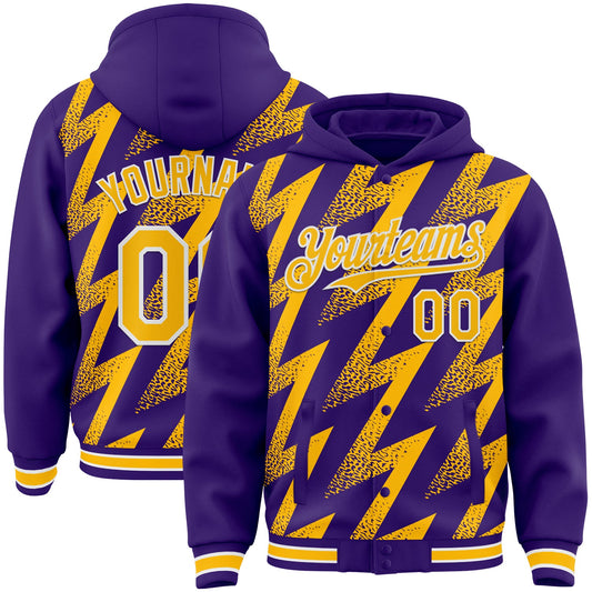 Custom Purple Gold-White Zigzag Shape 3D Pattern Design Bomber Full-Snap Varsity Letterman Hoodie Jacket - Main View
