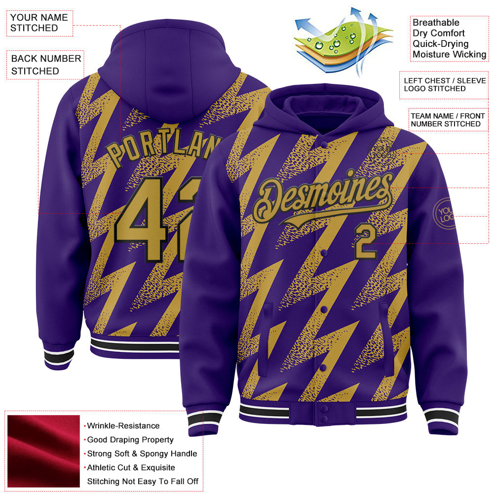 Custom Purple Old Gold Black-White Zigzag Shape 3D Pattern Design Bomber Full-Snap Varsity Letterman Hoodie Jacket view 4