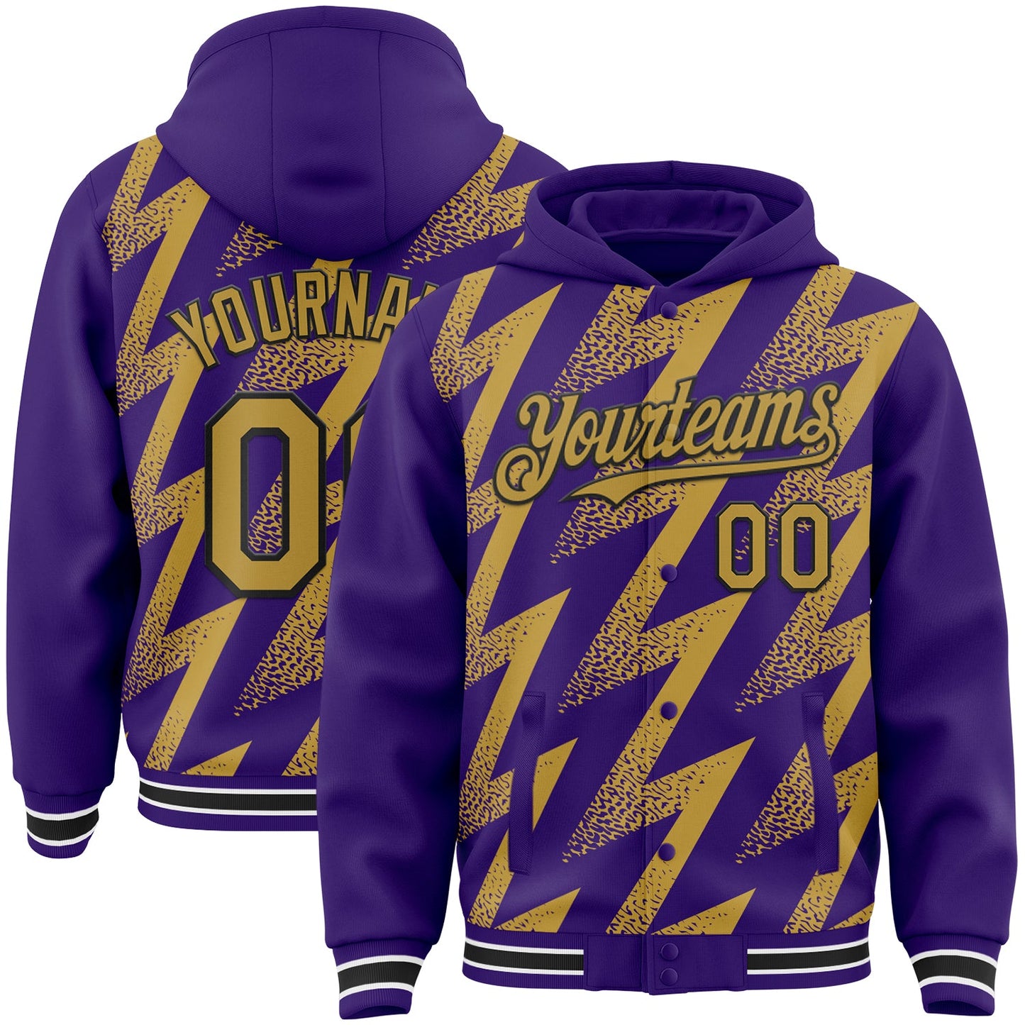 Custom Purple Old Gold Black-White Zigzag Shape 3D Pattern Design Bomber Full-Snap Varsity Letterman Hoodie Jacket - Main View