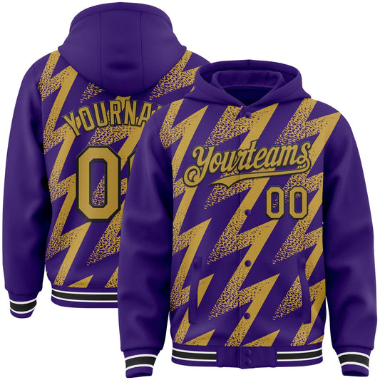 Custom Purple Old Gold Black-White Zigzag Shape 3D Pattern Design Bomber Full-Snap Varsity Letterman Hoodie Jacket - Main View