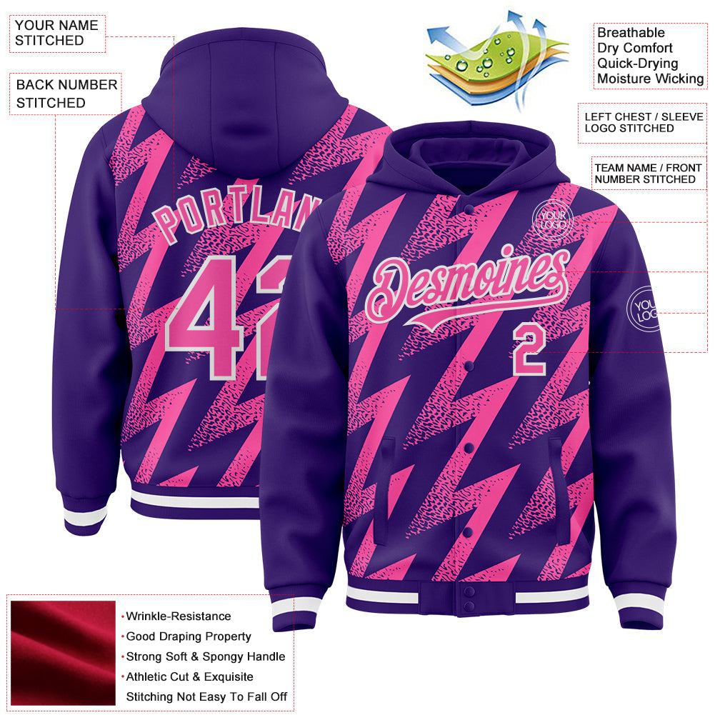 Custom Purple Pink-White Zigzag Shape 3D Pattern Design Bomber Full-Snap Varsity Letterman Hoodie Jacket view 4