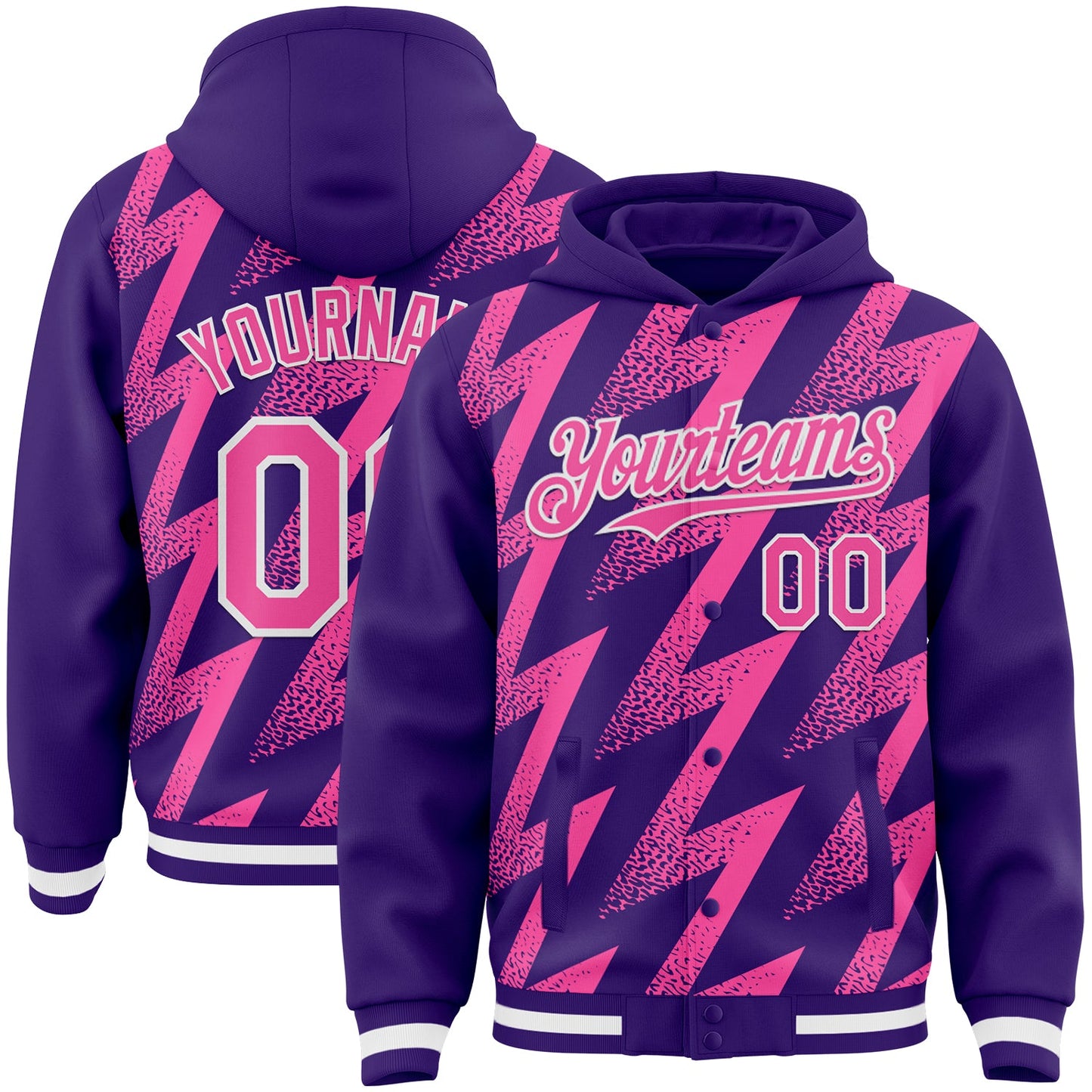 Custom Purple Pink-White Zigzag Shape 3D Pattern Design Bomber Full-Snap Varsity Letterman Hoodie Jacket - Main View