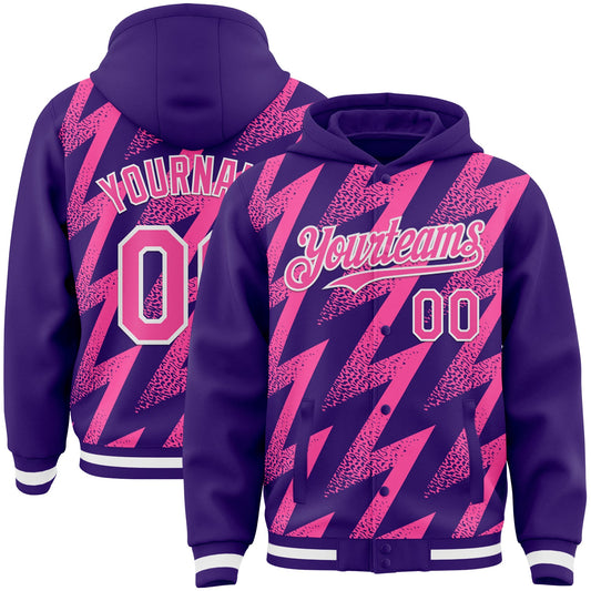 Custom Purple Pink-White Zigzag Shape 3D Pattern Design Bomber Full-Snap Varsity Letterman Hoodie Jacket - Main View